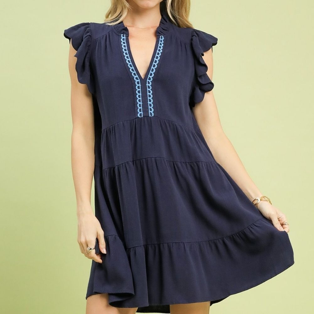 Umgee  Navy Ruffled Linen Tiered Baby Doll Dress sz Lg